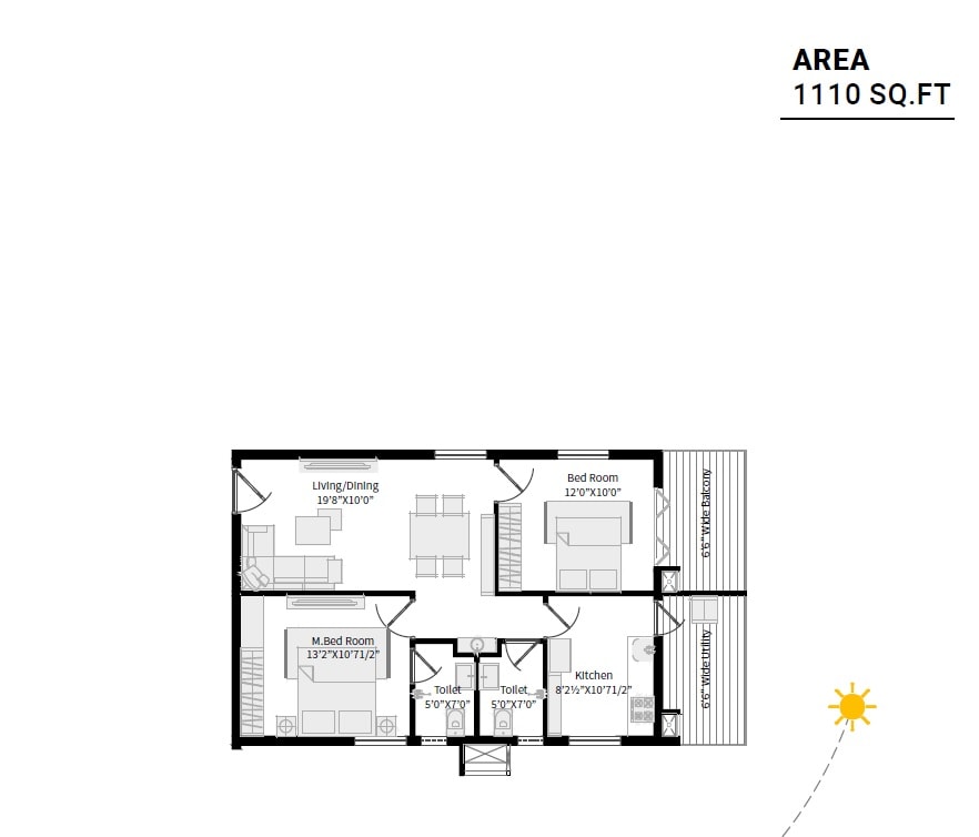 Floor plan of 2 BHK 1110 Sq. Ft. Apartment in Fame Horizon, Vizag