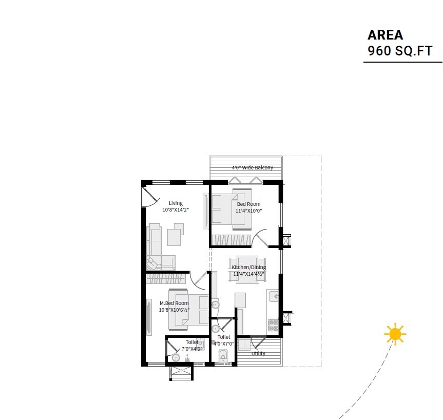 Floor plan of 2 BHK 960 Sq. Ft. Apartment in Fame Horizon, Vizag