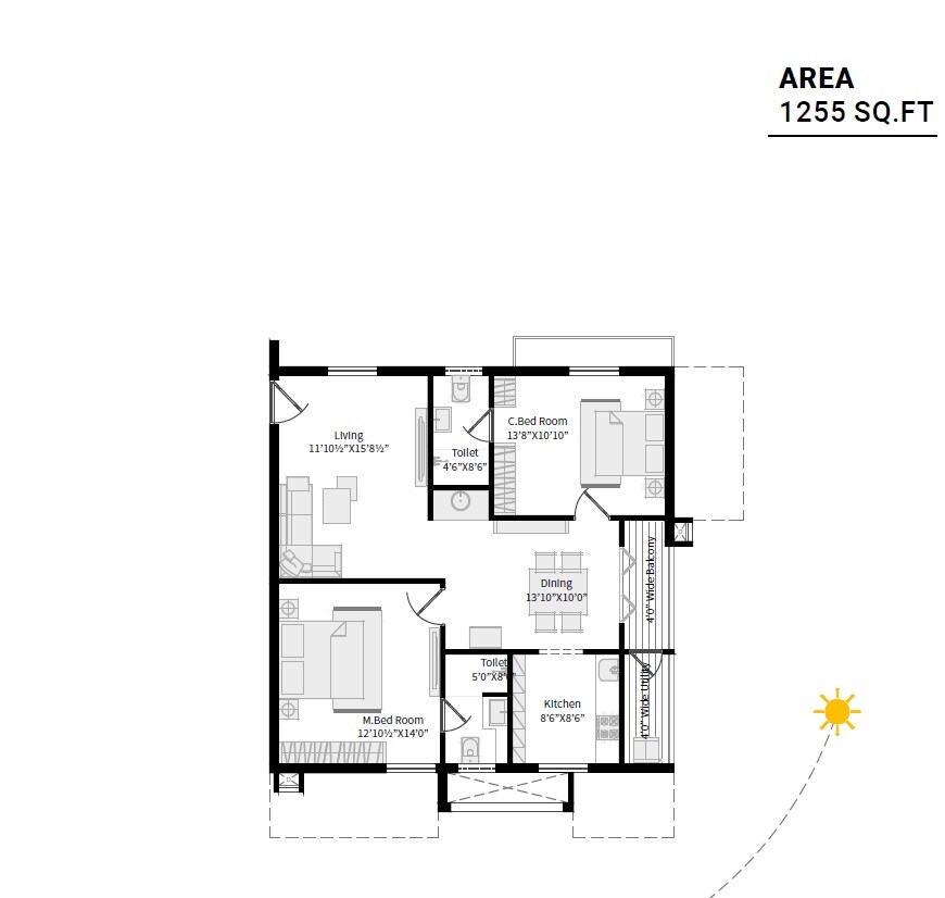 Floor plan of 3 BHK 1255 Sq. Ft. Apartment in Fame Horizon, Vizag