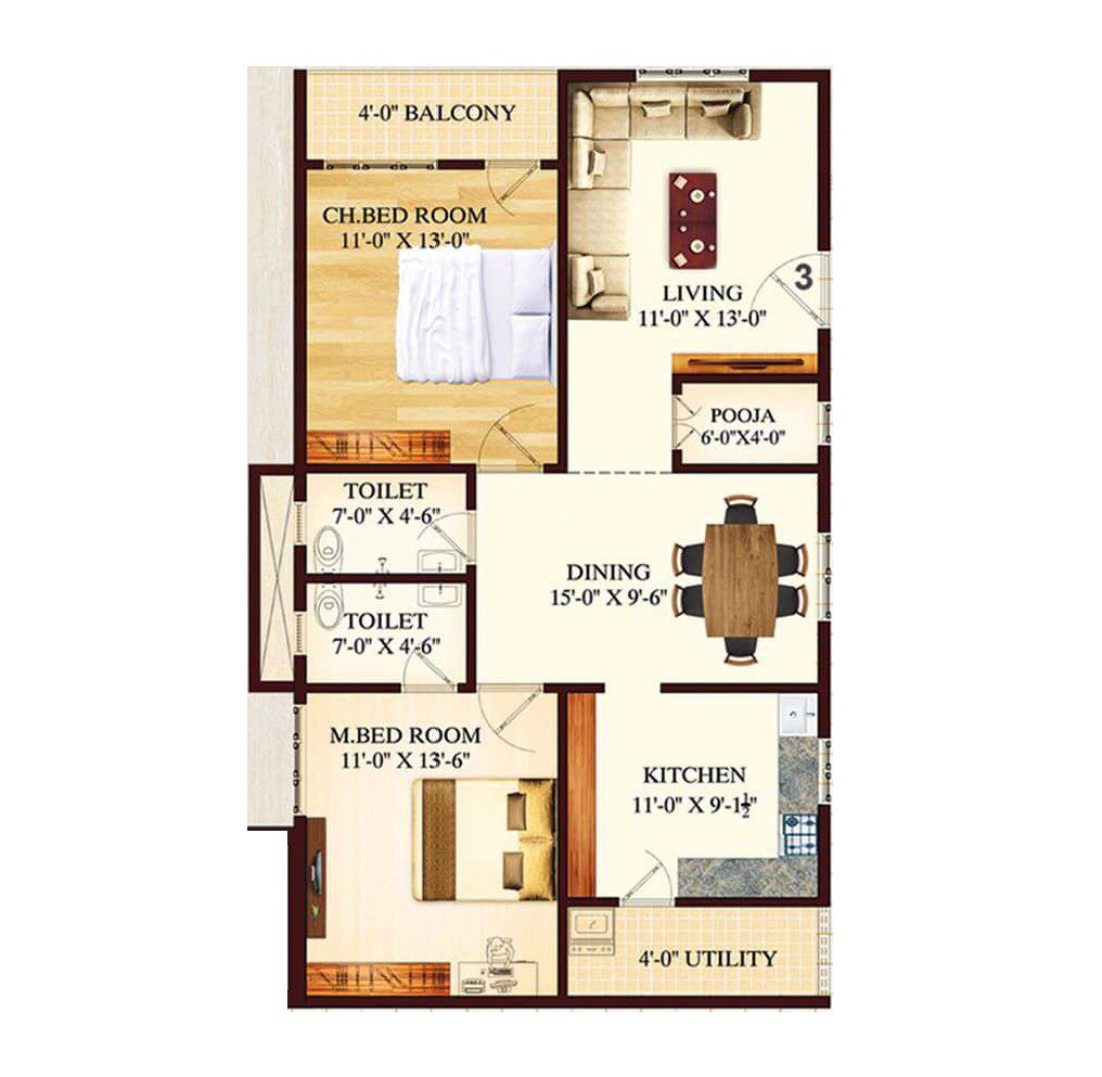 Floor plan of 2 BHK 1235 Sq. Ft. Apartment in Flora Beau Fort, Vizag