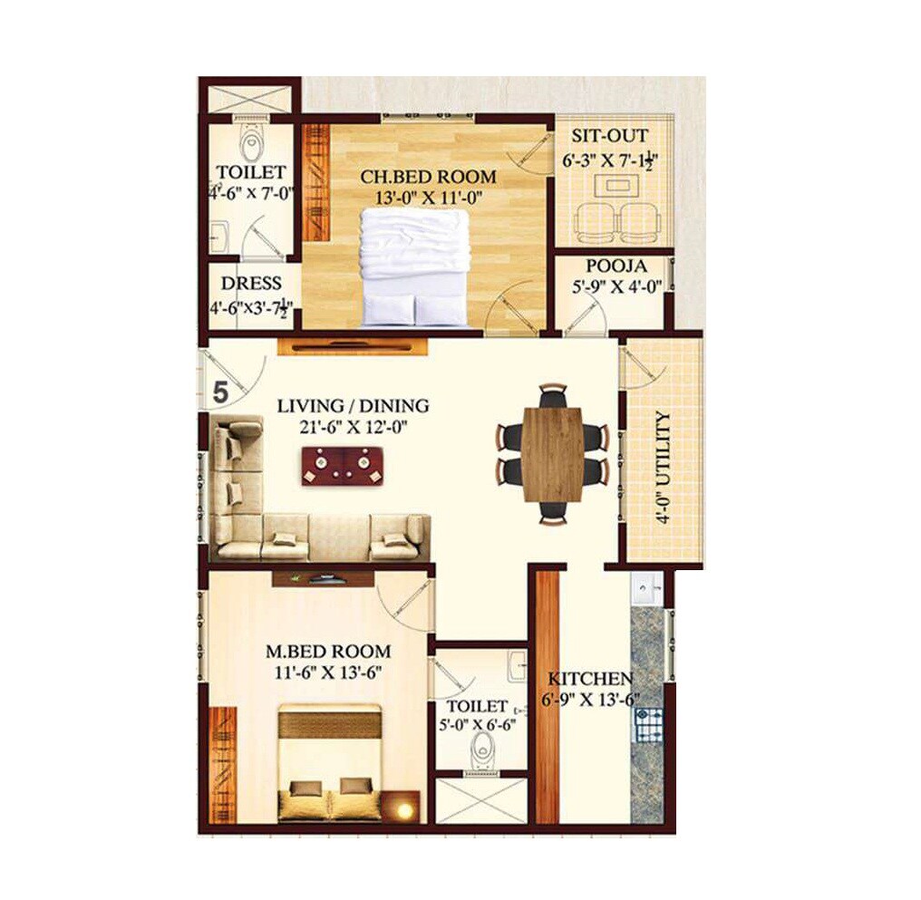 Floor plan of 2 BHK 1260 Sq. Ft. Apartment in Flora Beau Fort, Vizag