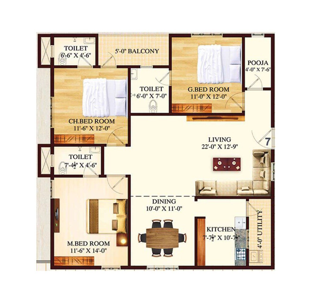 Floor plan of 3 BHK 1425 Sq. Ft. Apartment in Flora Beau Fort, Vizag