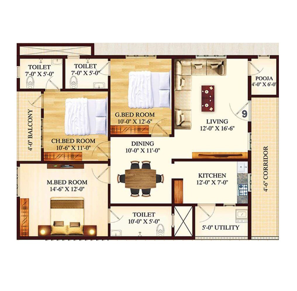 Floor plan of 3 BHK 1640 Sq. Ft. Apartment in Flora Beau Fort, Vizag