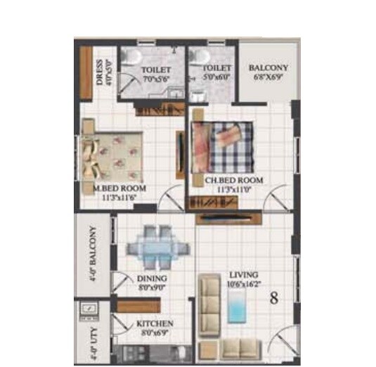 Floor plan of 2 BHK 1125 Sq. Ft. Apartment in Flora Heights, Vizag