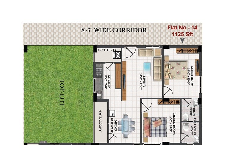 Floor plan of 2 BHK Apartment - 1125 sq. ft. in Flora Heights, Vizag