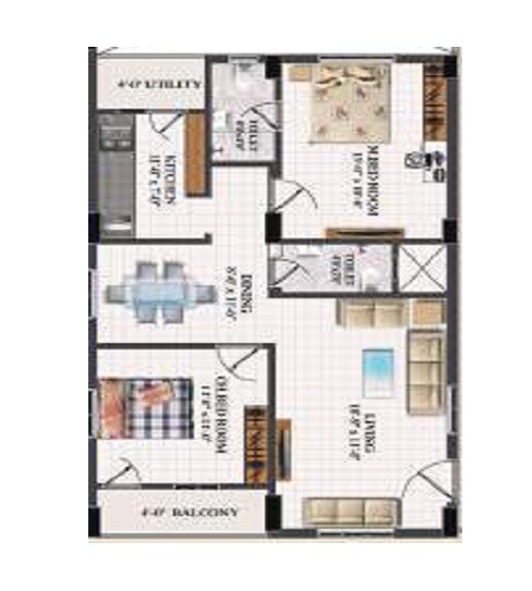 Floor plan of 2 BHK 1240 Sq. Ft. Apartment in Flora Heights, Vizag