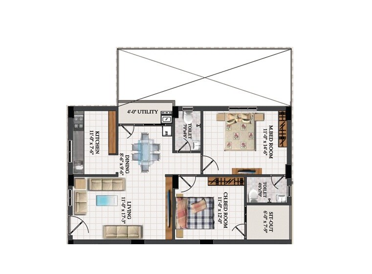 Floor plan of 2 BHK Apartment - 1240 sq. ft. in Flora Heights, Vizag