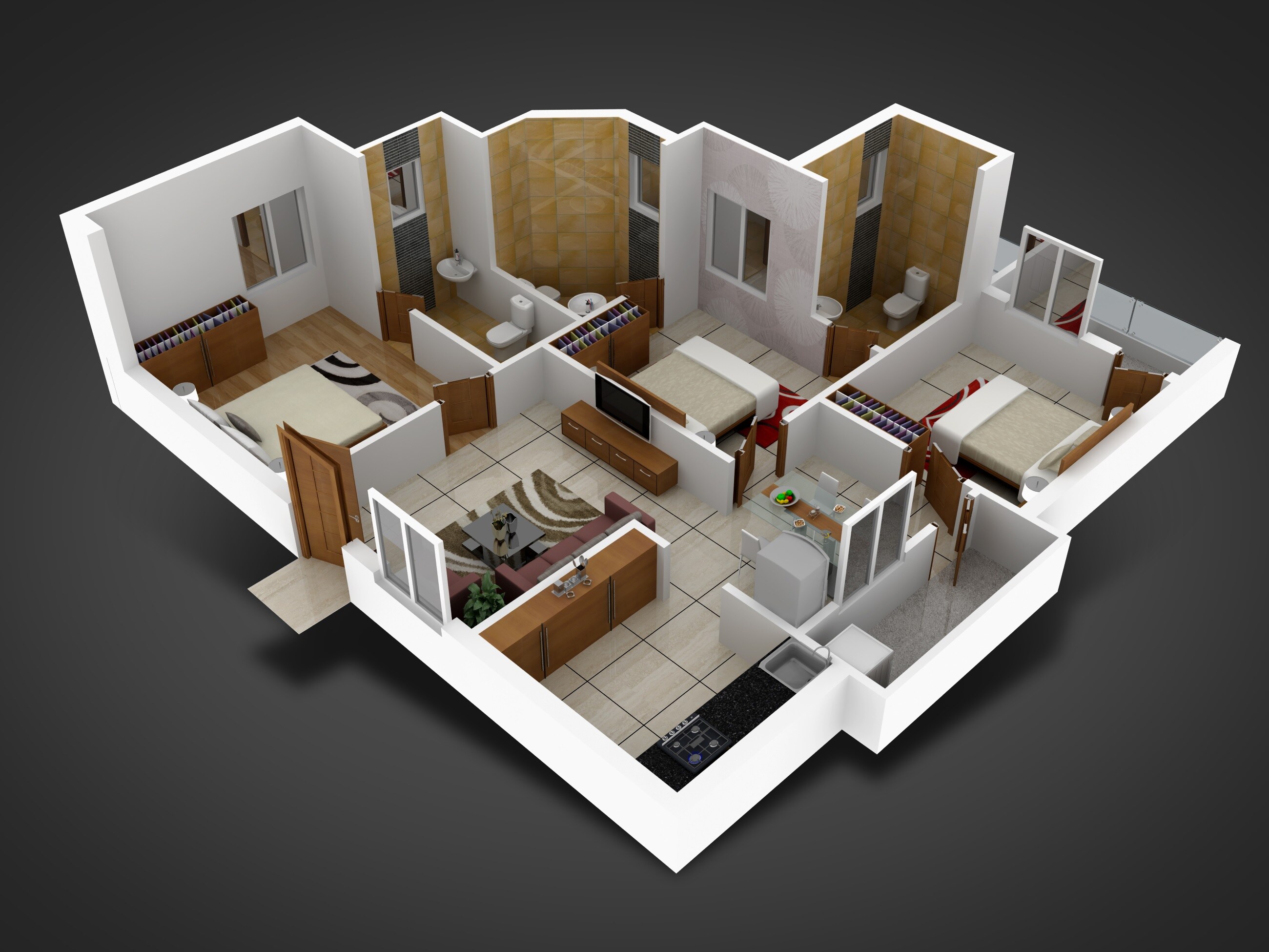 Floor plan of 3 BHK 1340 Sq. Ft. Apartment in Flora Heights, Vizag