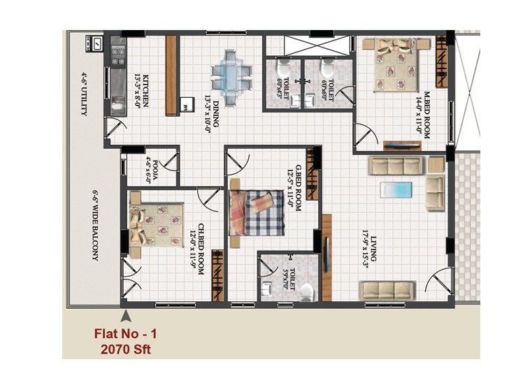 Floor plan of 3 BHK Apartment - 2070 sq. ft. in Flora Heights, Vizag