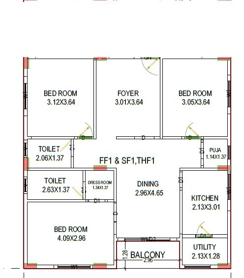 Floor plan of 3 BHK 1460 Sq. Ft. Apartment in Gayatri Delight, Vizag