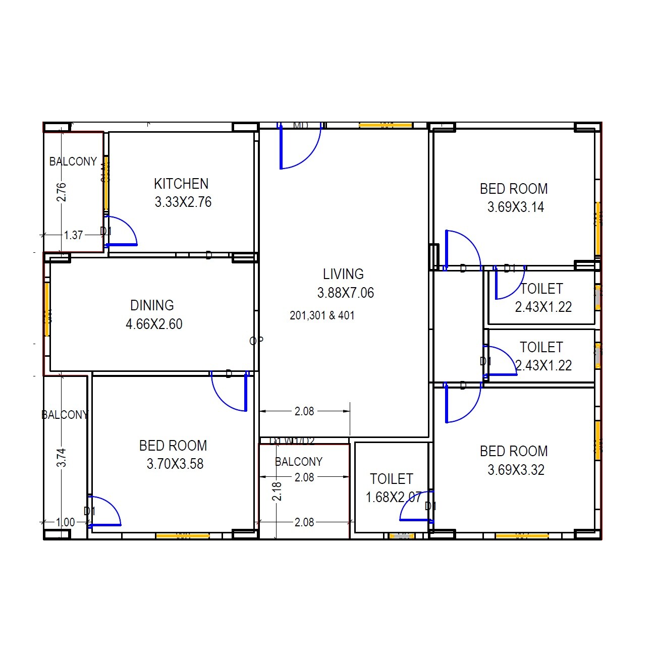 Floor plan of 3 BHK 1760 Sq. Ft. Apartment in Maha Sree Chandana Celestiala, Vizag