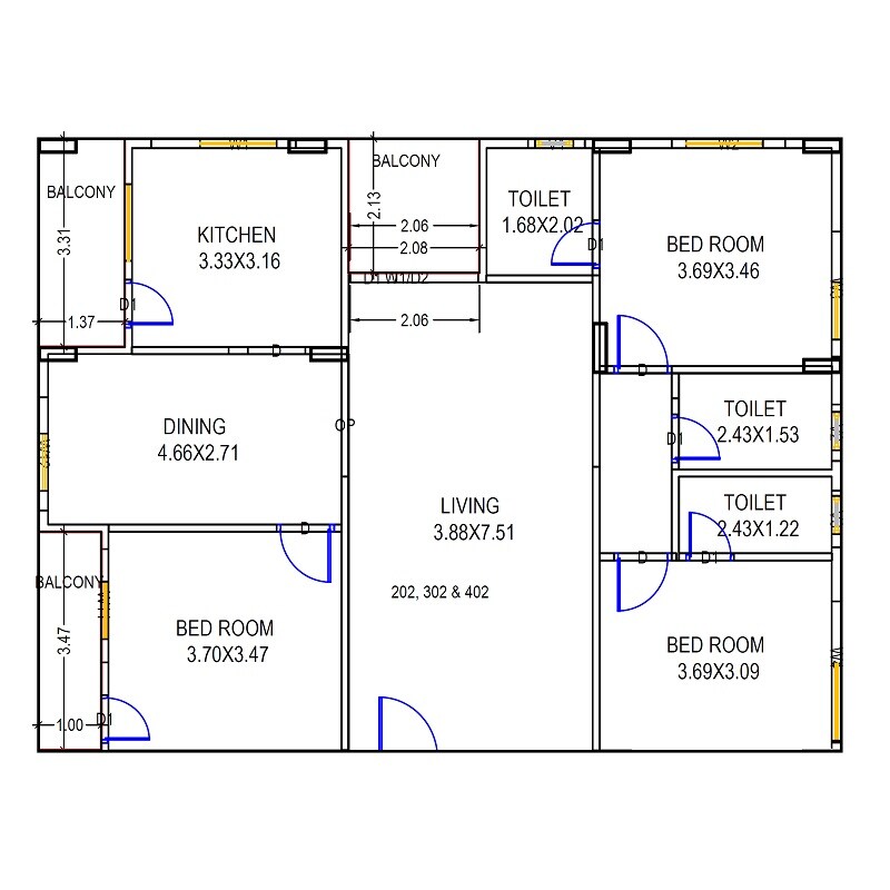 Floor plan of 3 BHK 1760 Sq. Ft. Apartment in Maha Sree Chandana Celestiala, Vizag