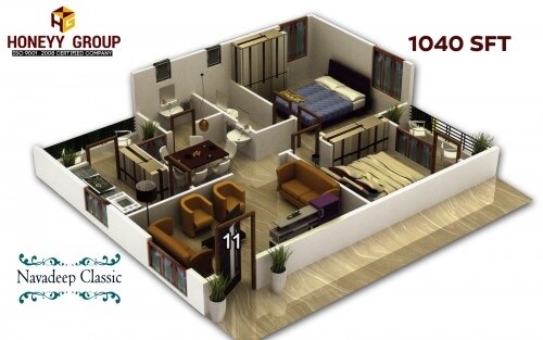 Floor plan of 2 BHK 1040 Sq. Ft. Apartment in Honeyy Navadeep Classic, Vizag