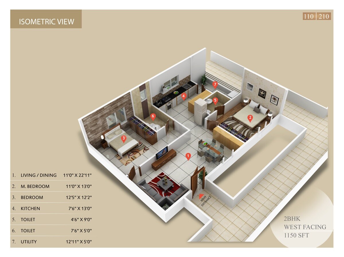 Floor plan of 2 BHK 1150 Sq. Ft. Apartment in Integral Sunrise City, Vizag