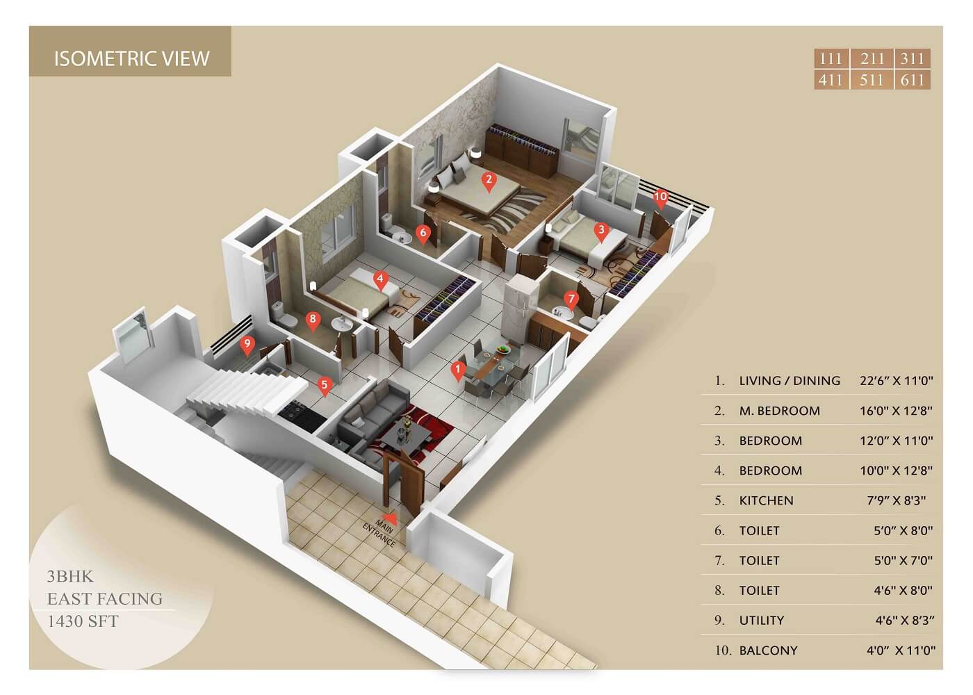 Floor plan of 3 BHK 1430 Sq. Ft. Apartment in Integral Sunrise City, Vizag
