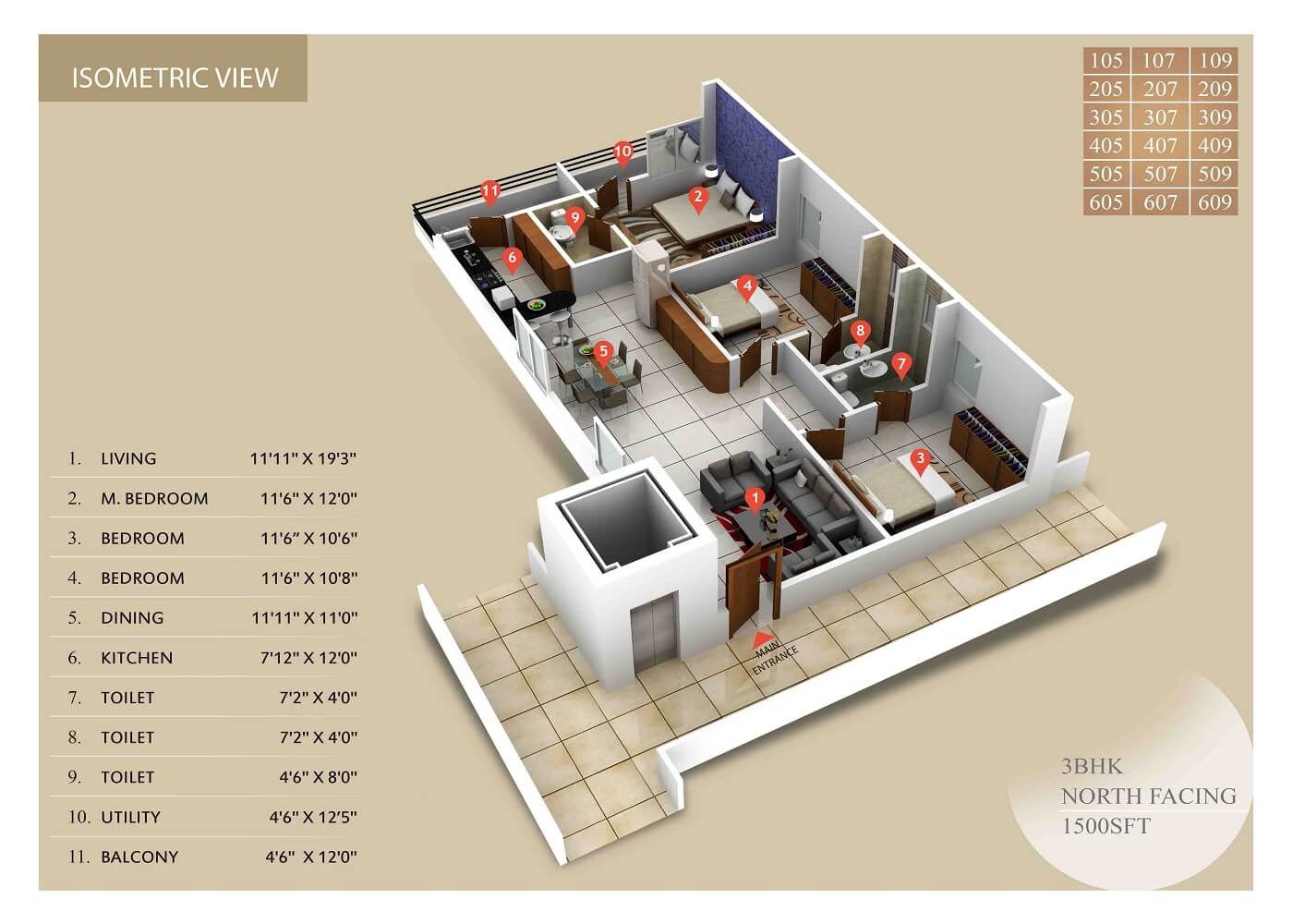 Floor plan of 3 BHK 1500 Sq. Ft. Apartment in Integral Sunrise City, Vizag