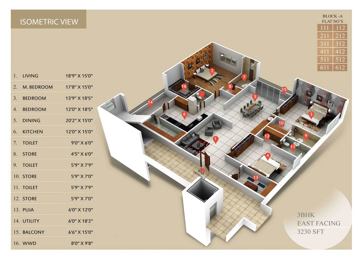 Floor plan of 3 BHK 3230 Sq. Ft. Apartment in Integral Sunrise City, Vizag