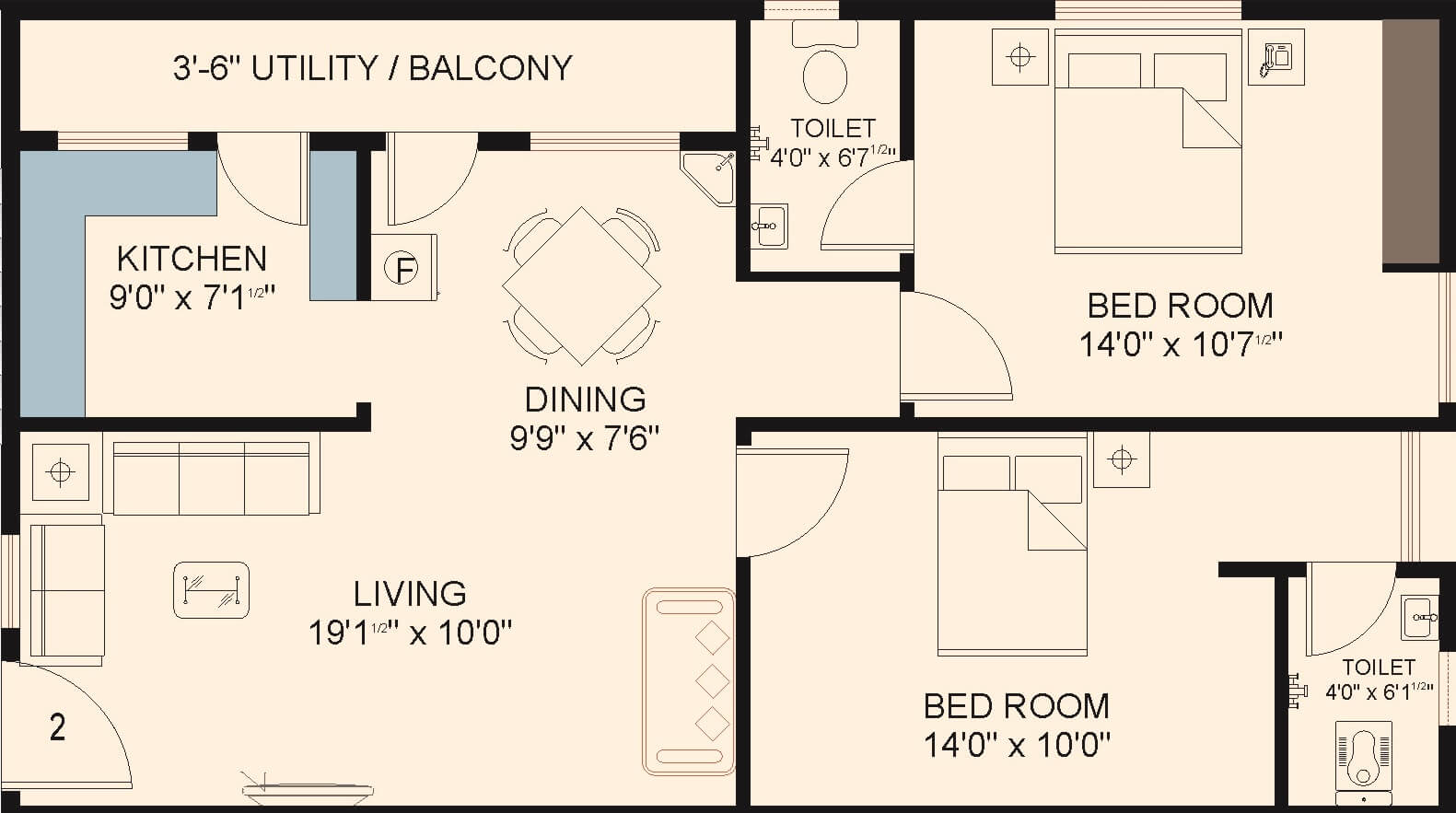 Floor plan of 2 BHK 1055 Sq. Ft. Apartment in Jaya Rahul Residency, Vizag