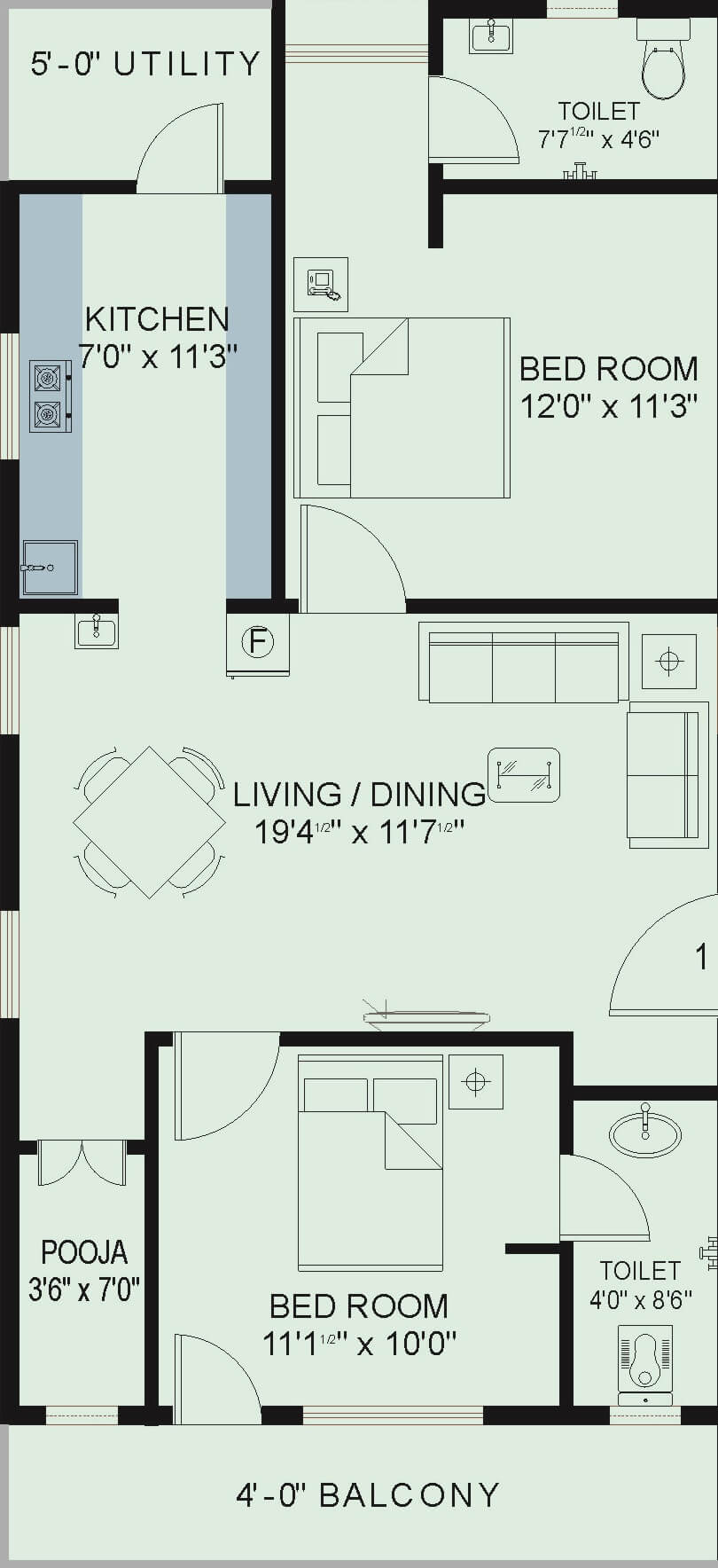 Floor plan of 2 BHK 1110 Sq. Ft. Apartment in Jaya Rahul Residency, Vizag