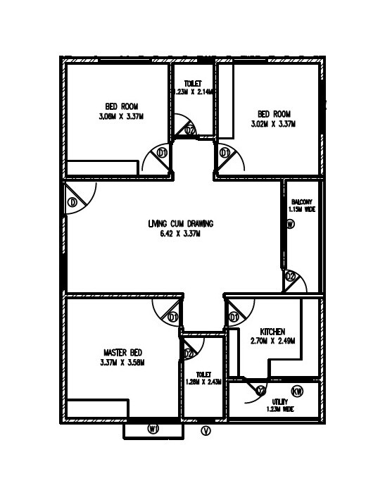 Floor plan of 3 BHK Apartment - 723 sq. ft. in Jayat Brindavan, Vizag