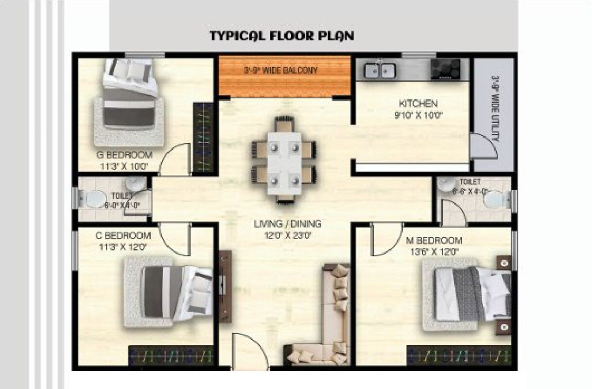 Floor plan of 3 BHK 1425 Sq. Ft. Apartment in JK Iconic Heights, Vizag