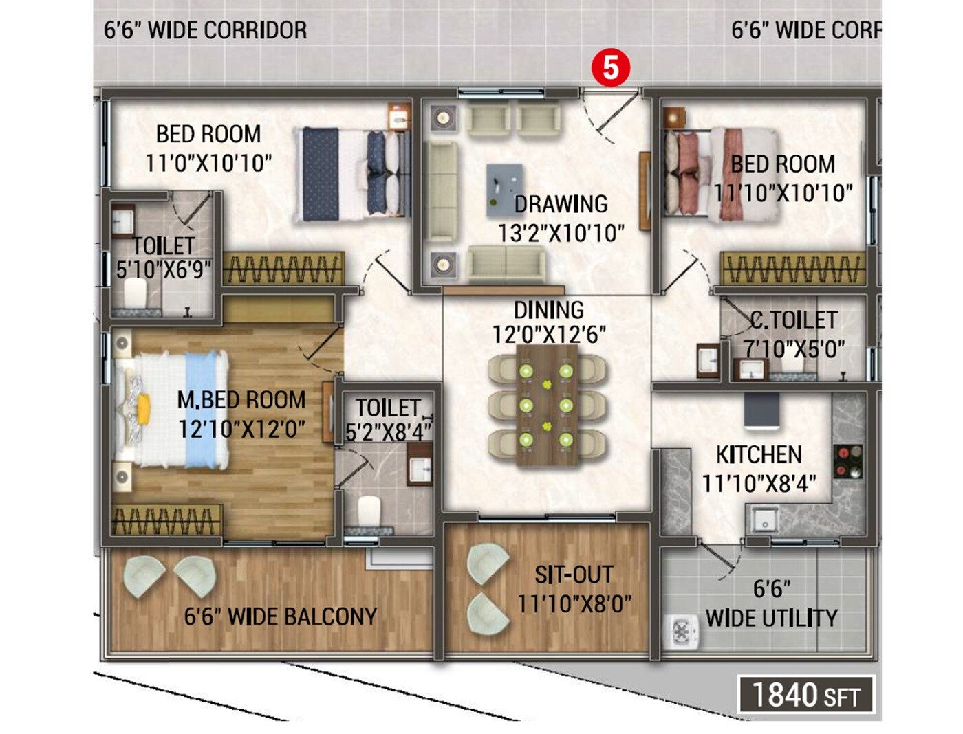 3 BHK 1840 Sq. Ft. Apartment