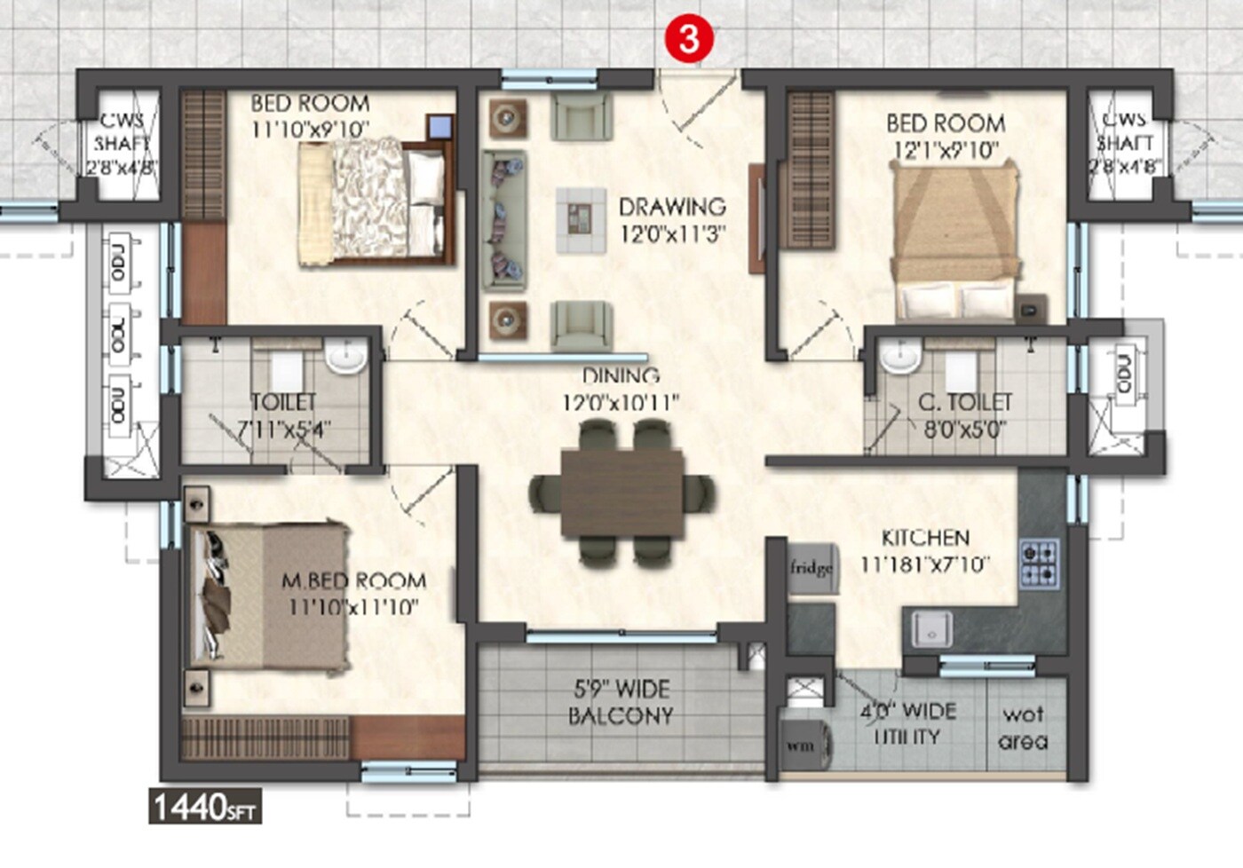 Floor plan of 3 BHK 1440 Sq. Ft. Apartment in Karlan Square, Vizag