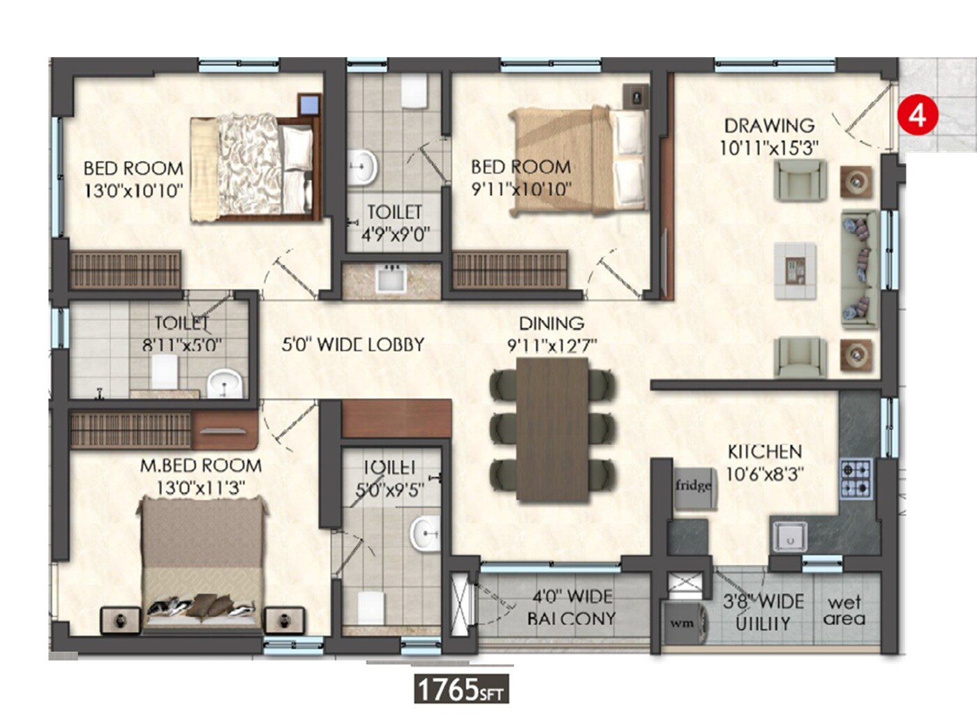 Floor plan of 3 BHK 1765 Sq. Ft. Apartment in Karlan Square, Vizag