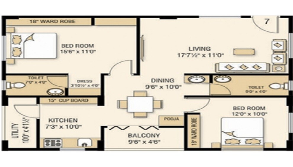 Floor plan of 2 BHK 1155 Sq. Ft. Apartment in Kavya Vijaya Valencia, Vizag