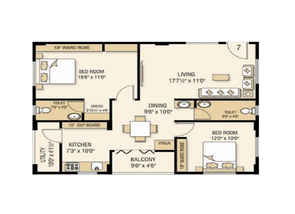 Floor plan of 2 BHK Apartment - 1155 sq. ft. in Kavya Vijaya Valencia, Vizag