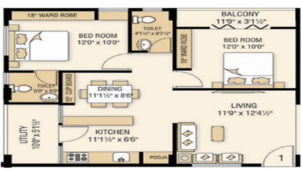 Floor plan of 2 BHK 990 Sq. Ft. Apartment in Kavya Vijaya Valencia, Vizag