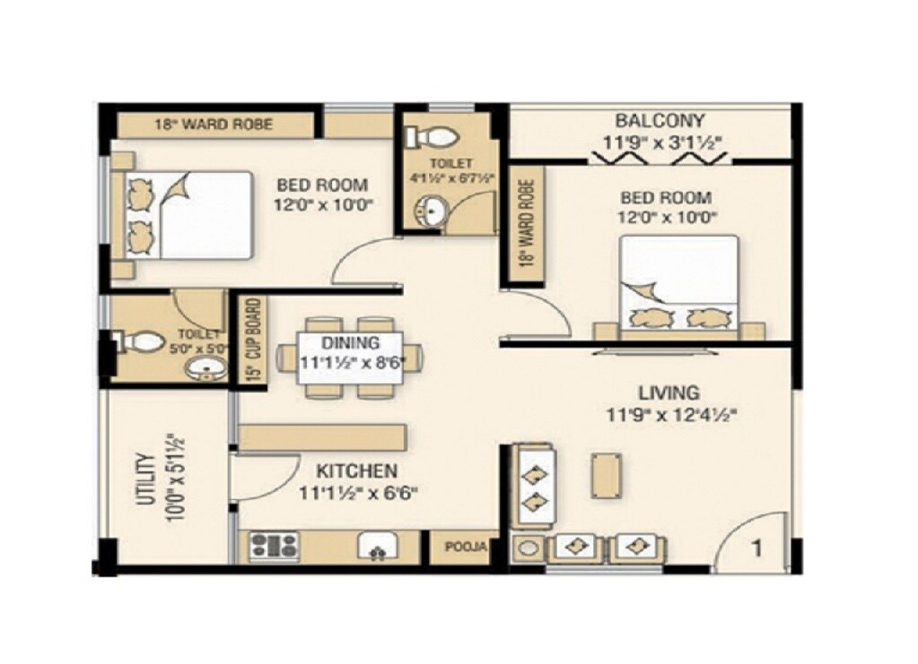 Floor plan of 2 BHK Apartment - 990 sq. ft. in Kavya Vijaya Valencia, Vizag