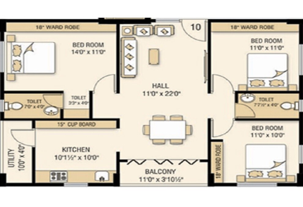 Floor plan of 3 BHK 1265 Sq. Ft. Apartment in Kavya Vijaya Valencia, Vizag