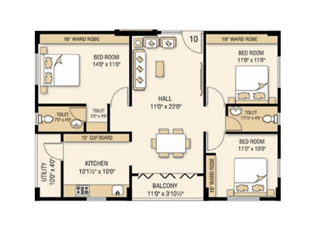 Floor plan of 3 BHK Apartment - 1265 sq. ft. in Kavya Vijaya Valencia, Vizag