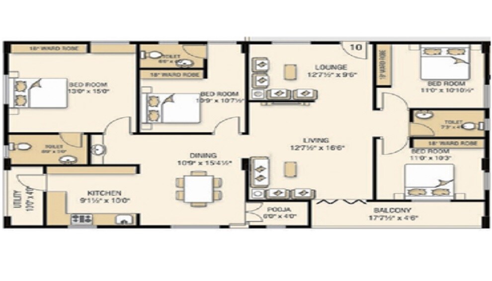 Floor plan of 4 BHK 1965 Sq. Ft. Apartment in Kavya Vijaya Valencia, Vizag