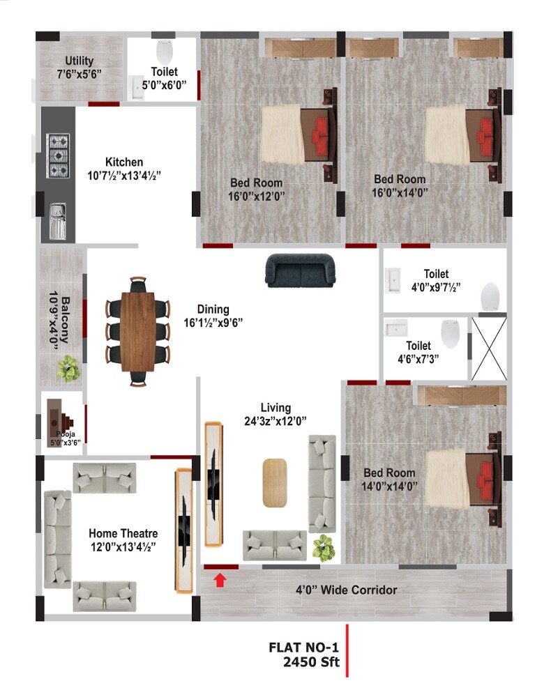 Floor plan of 3 BHK 1612 Sq. Ft. Apartment in KP Lakshmi Pearl, Vizag