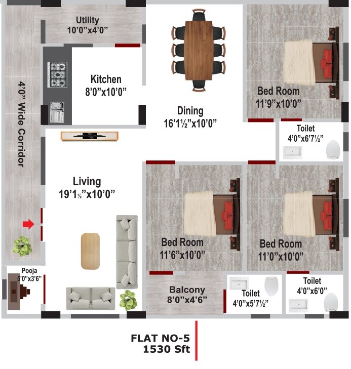 Floor plan of 3 BHK 915 Sq. Ft. Apartment in KP Lakshmi Pearl, Vizag