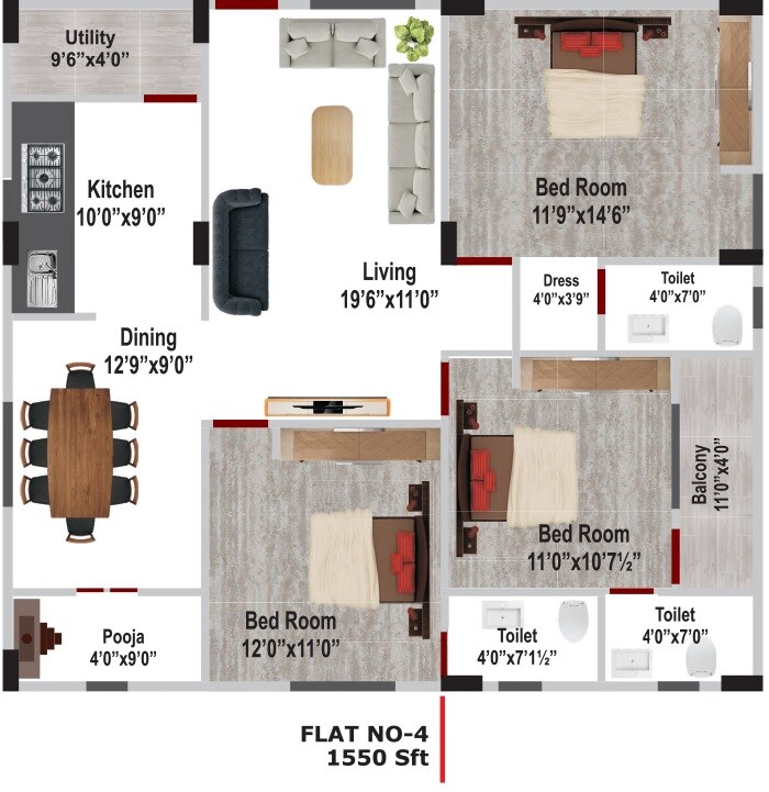 Floor plan of 3 BHK 932 Sq. Ft. Apartment in KP Lakshmi Pearl, Vizag