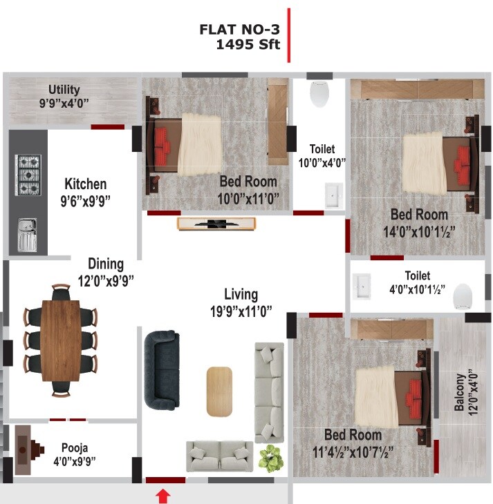 Floor plan of 3 BHK 977 Sq. Ft. Apartment in KP Lakshmi Pearl, Vizag