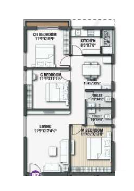 Floor plan of 3 BHK 1360 Sq. Ft. Apartment in KVR Luxe, Vizag