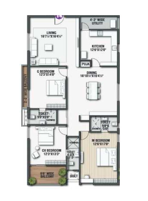 Floor plan of 3 BHK 2297 Sq. Ft. Apartment in KVR Luxe, Vizag