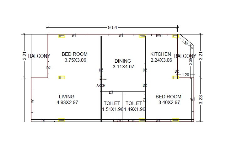Floor plan of 2 BHK Apartment - 663 sq. ft. in Lakshmi LG Enclave, Vizag
