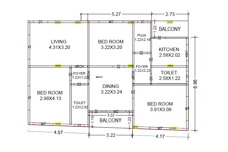 Floor plan of 3 BHK Apartment - 796 sq. ft. in Lakshmi LG Enclave, Vizag