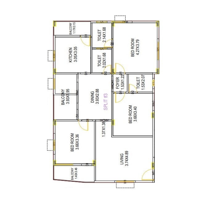 Floor plan of 3 BHK 1450 Sq. Ft. Apartment in Lakshmi MSR Sea View, Vizag