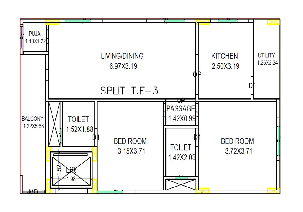 Floor plan of 2 BHK 1200 Sq. Ft. Apartment in Lakshmi Venkata Sai Hill View, Vizag