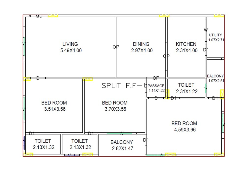 Floor plan of 3 BHK 1550 Sq. Ft. Apartment in Lakshmi Venkata Sai Hill View, Vizag