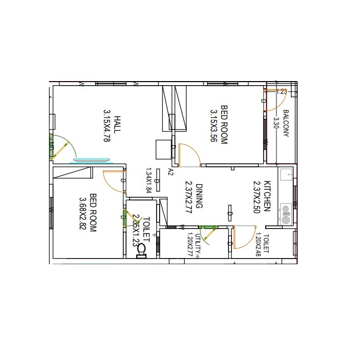 Floor plan of 2 BHK 736 Sq. Ft. Apartment in Lakshmis Snehalatha Apartment, Vizag