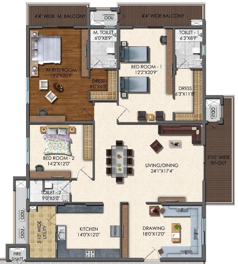 Floor plan of 3 BHK 2165 Sq. Ft. Apartment in Lansum MVP Square, Vizag