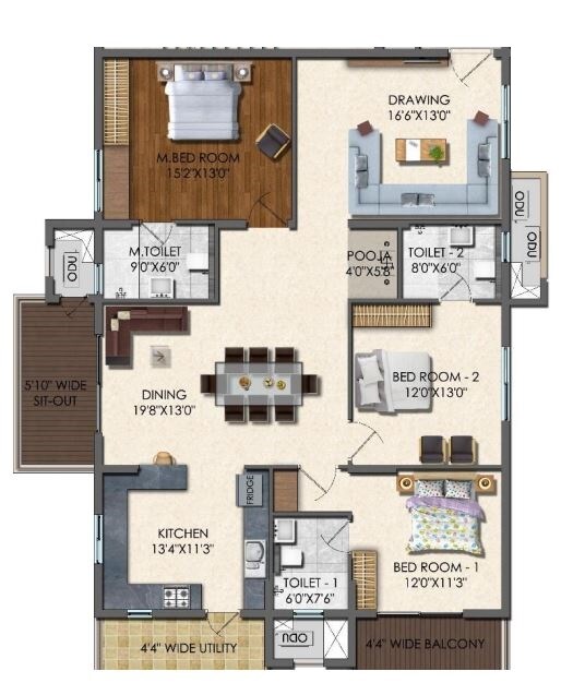 Floor plan of 3 BHK 2965 Sq. Ft. Apartment in Lansum MVP Square, Vizag