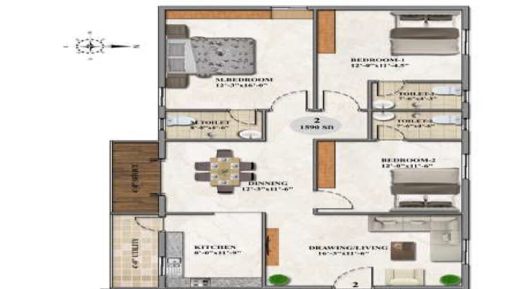 Floor plan of 3 BHK 1590 Sq. Ft. Apartment in Lansum Supreme, Vizag